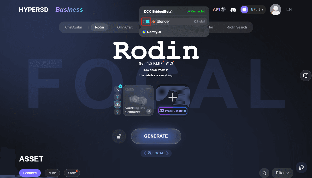Rodin web interface opened from Blender