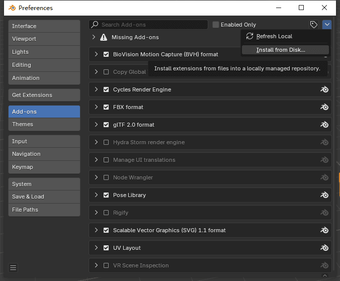 Install from Disk in Blender