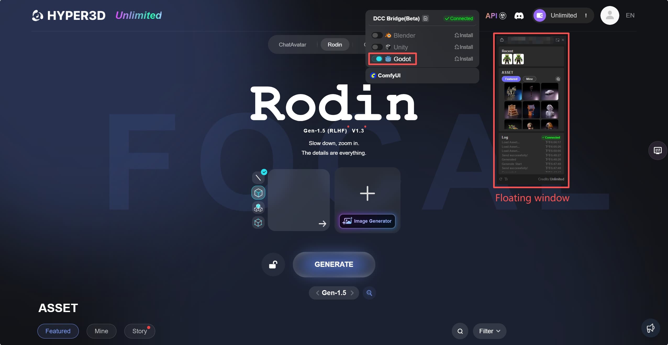 Rodin web interface opened from Godot