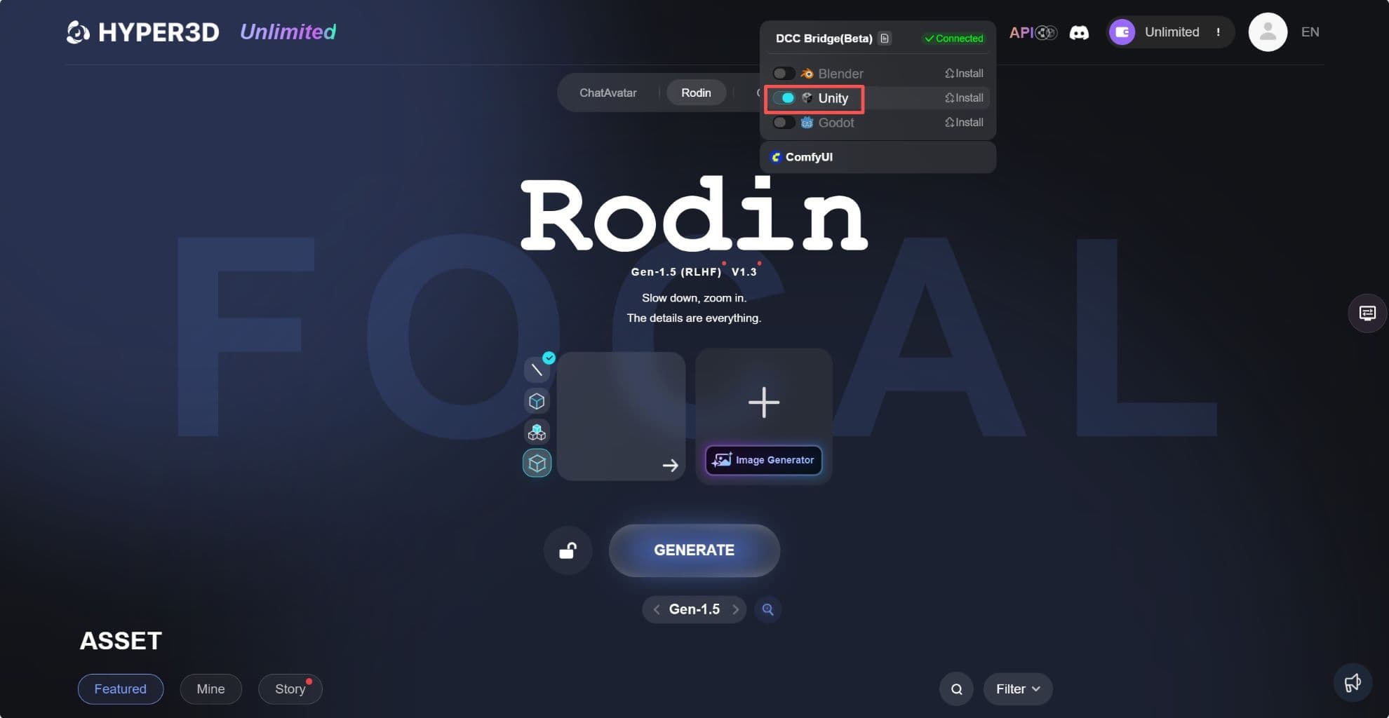 Rodin web interface opened from Unity