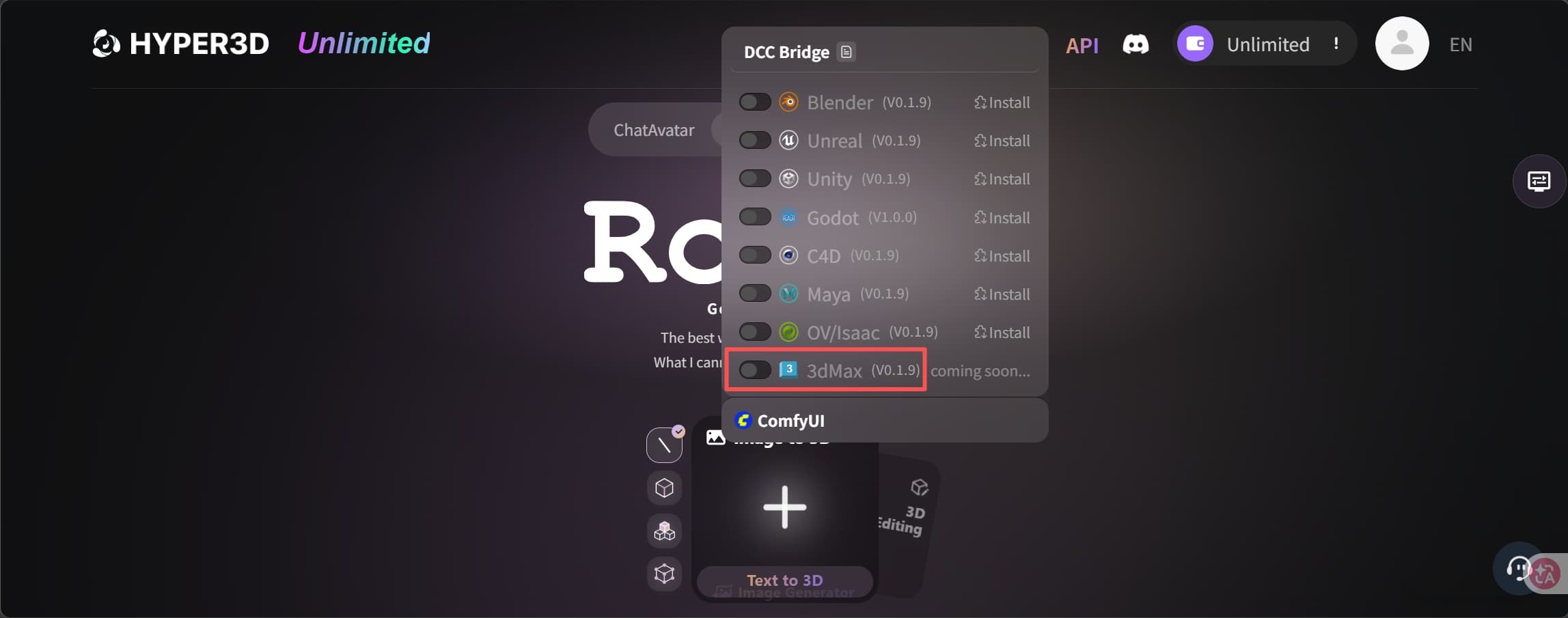 Rodin web interface opened from 3ds Max