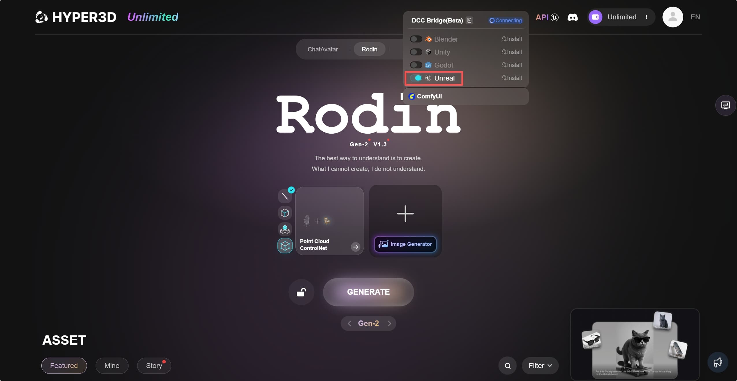 Rodin web interface opened from Unreal Engine